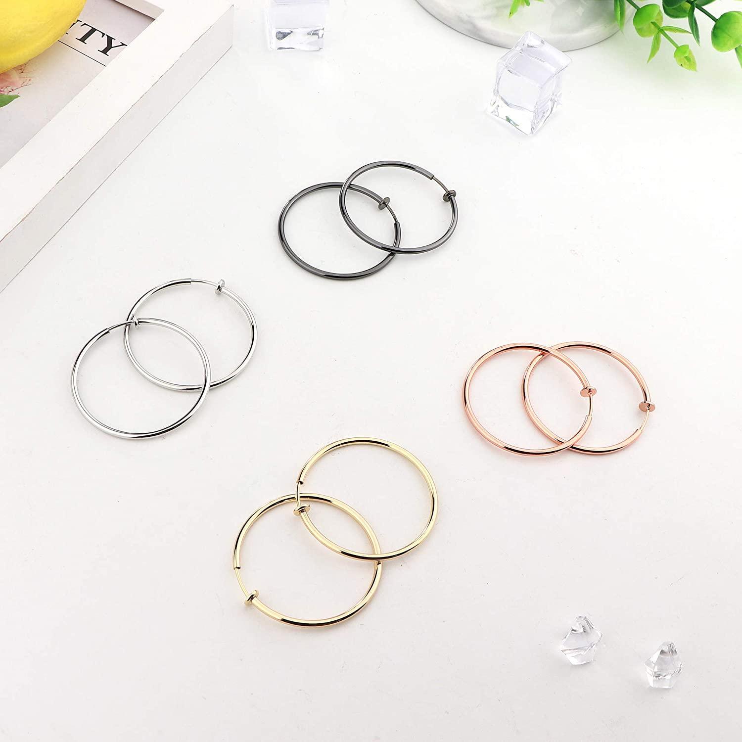 Sentence with replaced product name: 4 Pairs Stainless Fake Hoop Earrings for Woman Men Big Clip On Hoop Earrings Set Non-Pierced Ear, available in gold, rose gold, silver, and black, displayed in pairs, isolated on a white background.