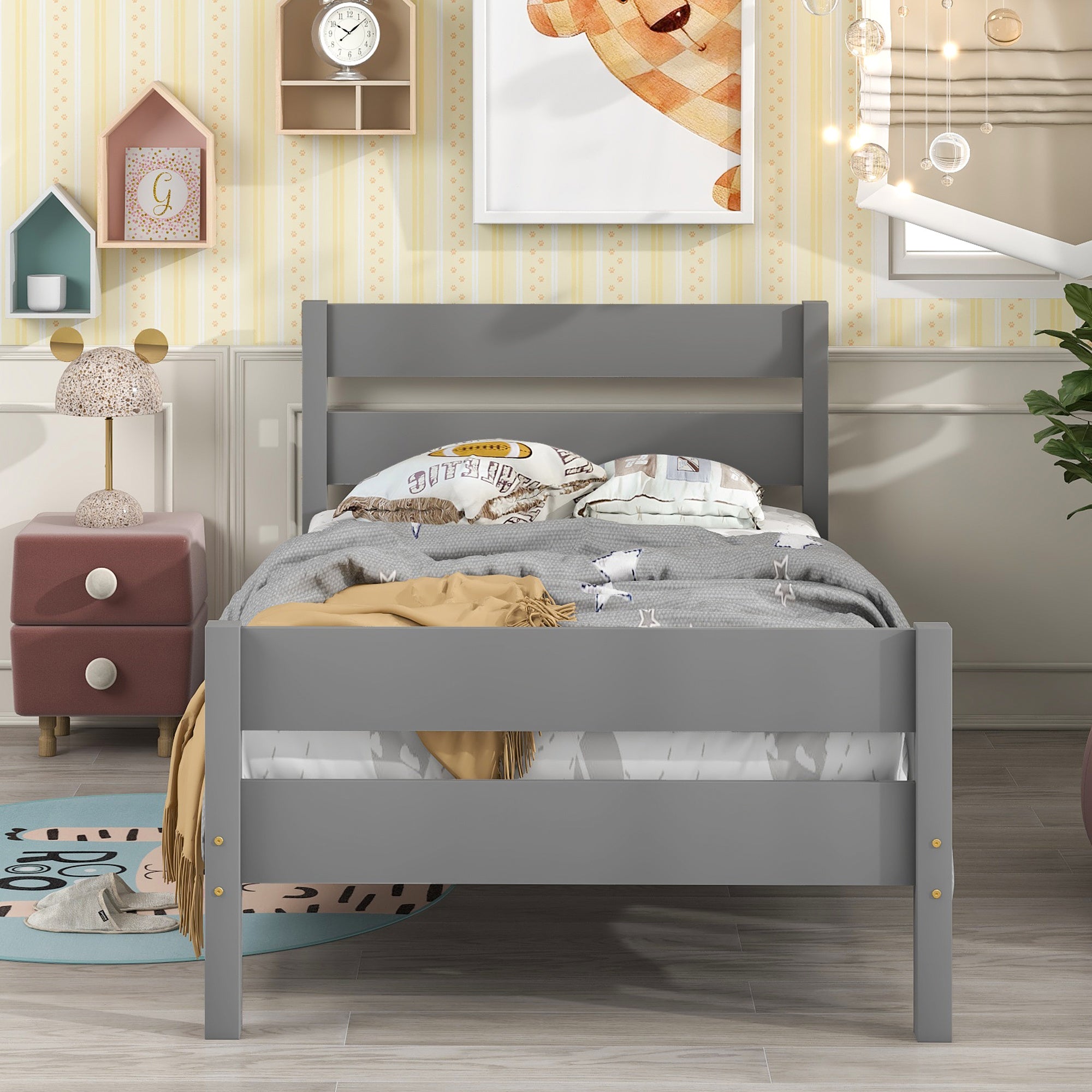 A Twin Bed with Headboard and Footboard, Grey in a child's room.