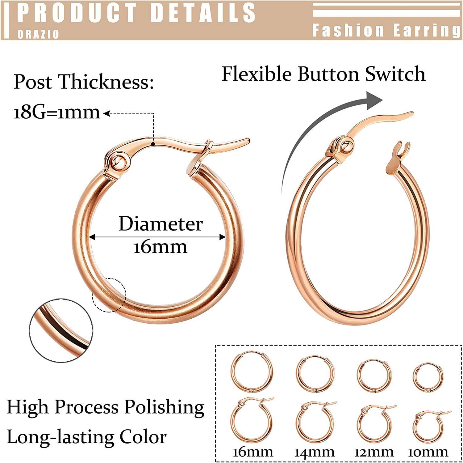 Presenting the Stainless Hoop Earrings Set for Women and Men, featuring 16 gold-plated silver-tone rounded earrings beautifully arranged in four rows. This versatile collection includes small cute huggie hoops to larger hoop earrings, making it an ideal gift for those who love to accessorize with elegance and style.