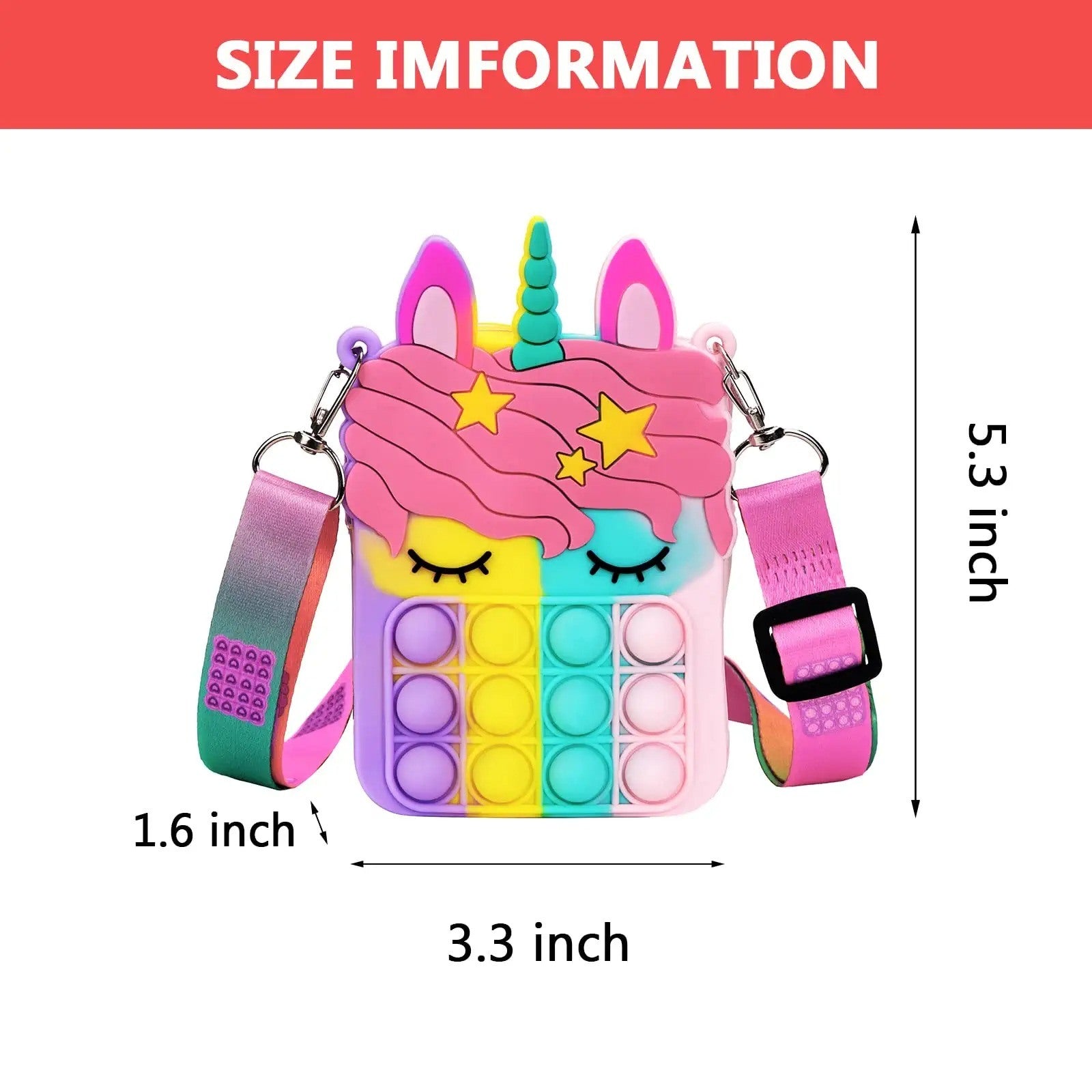Colorful Girl And Women's Unicorn Pop Purse Pop Bag with adjustable pink strap and matching watch, isolated on a white background. Details include a vibrant design appealing to kids and adults alike.