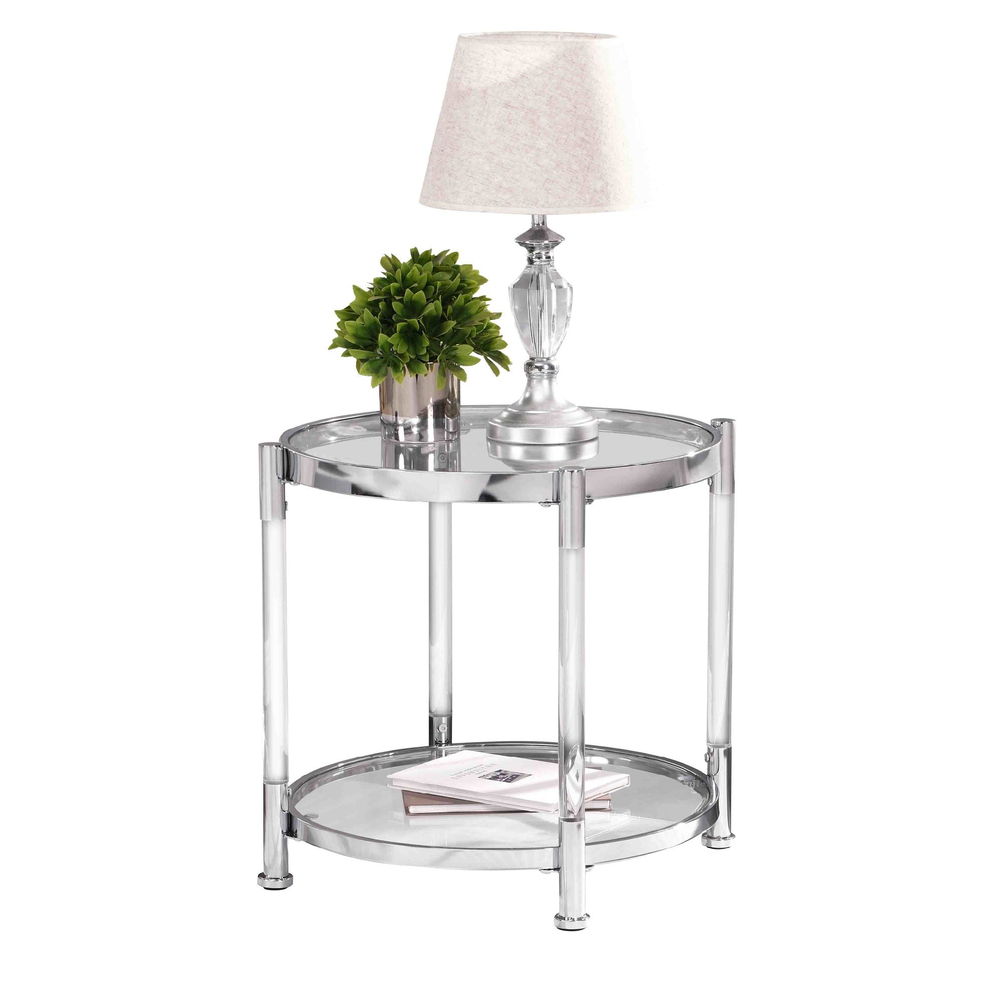A W82153571 Contemporary Acrylic End Table with chrome legs and a tempered glass top, featuring a lamp on top.