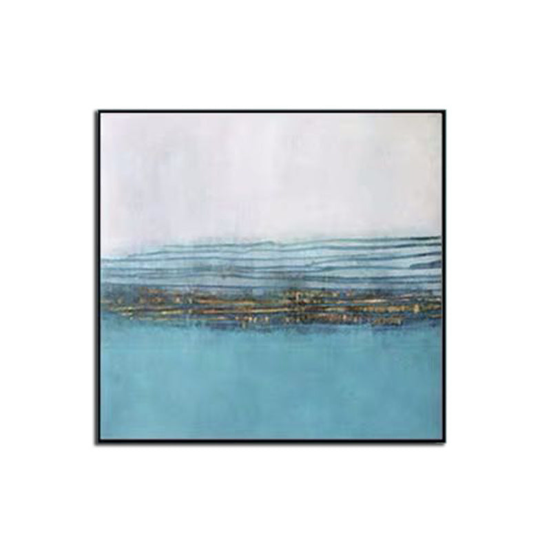 Abstract Flowing Color Canvas Painting Nordic Baby Blue Poster Print Unique Wall Art Pictures for Living Room Bedroom Home Decor with textured strokes of gray and white, highlighted by hints of yellow and beige, framed in black.