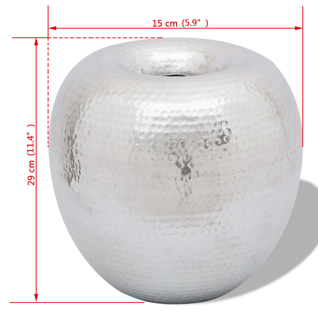A round, white Hammered Aluminum Vintage-Style Decorative Vase with a textured surface on a plain background.