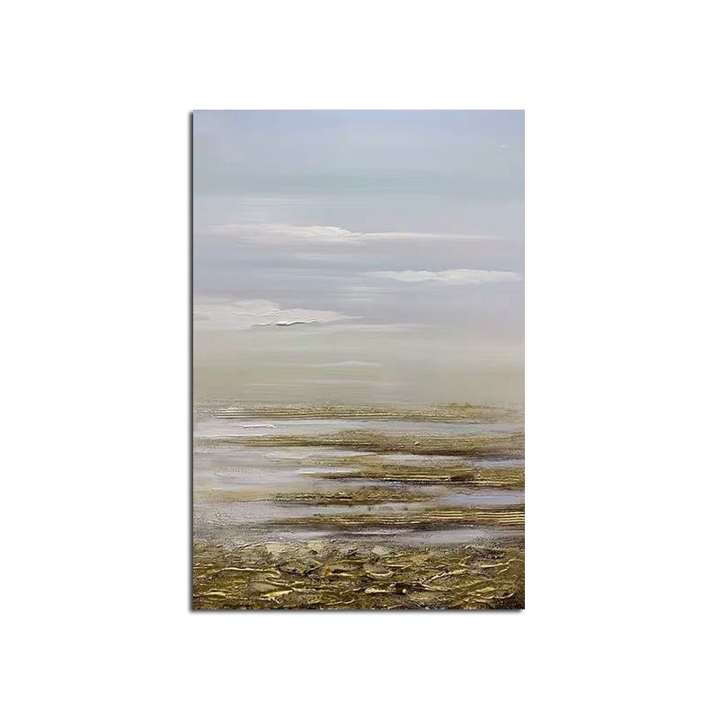 Painting of a serene coastal landscape with subtle hues, depicting mist over calm waters and gentle shores under a soft sky, transformed into the Gold Texture 100% Hand Painted Modern Abstract Oil Painting On Canvas Wall Art For Living Room Home Decoration No Frame.