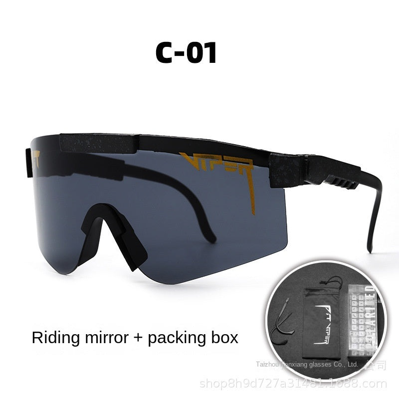 A pair of Pits Viper Riding Glasses Outdoor Sports Sunglasses for men, featuring "VIPER" branding on the lens and frame, with a red and white pattern on the arms. Designed for outdoor sports, they offer UV400 protection and come labeled "C-21," including a riding mirror and packing box.