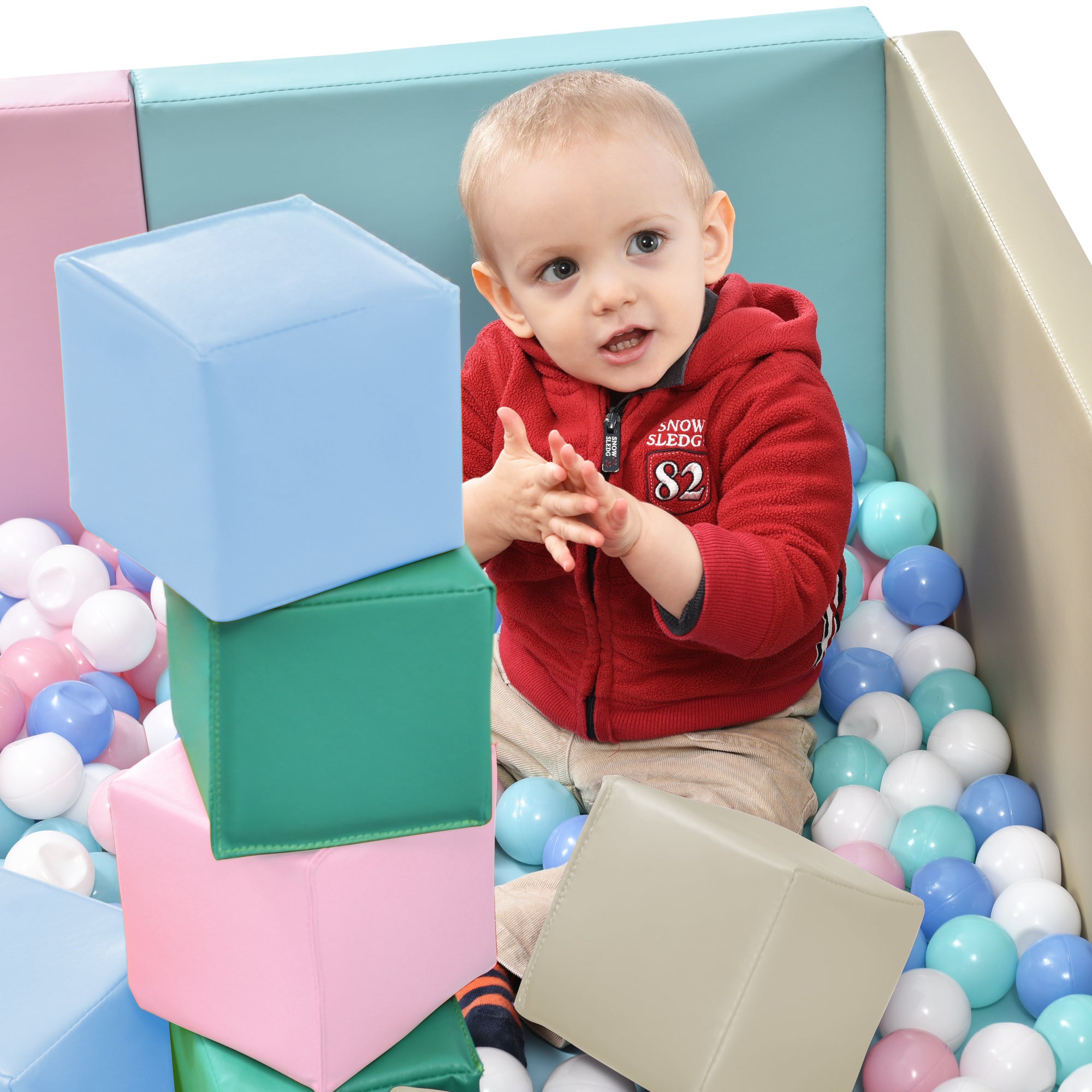 A vibrant collection of SoftZone Toddler Foam Block Playset in a living room.