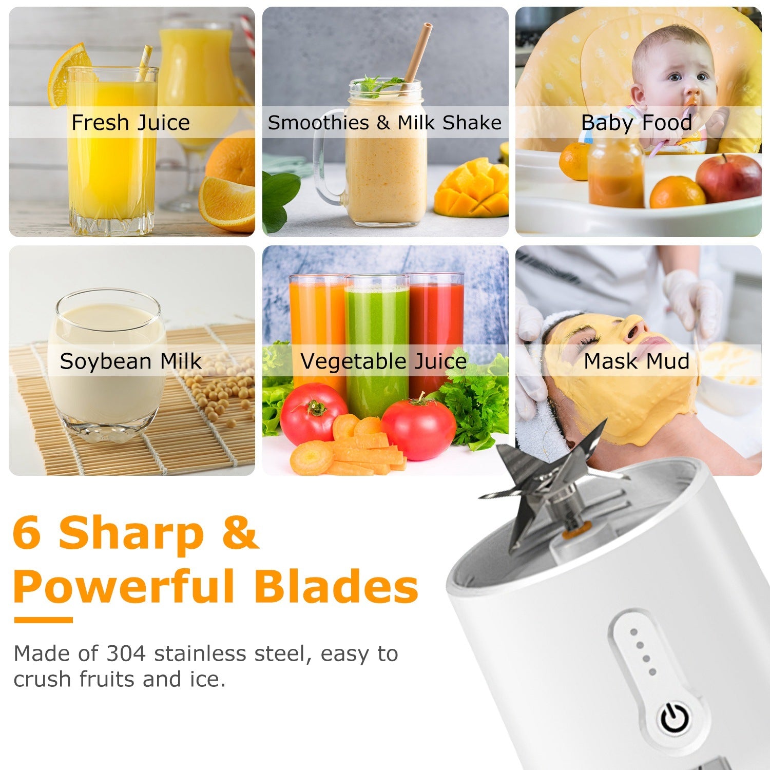 A 15.2OZ portable fruit blender with 6 blades filled with fruits and berries, featuring a capacity.