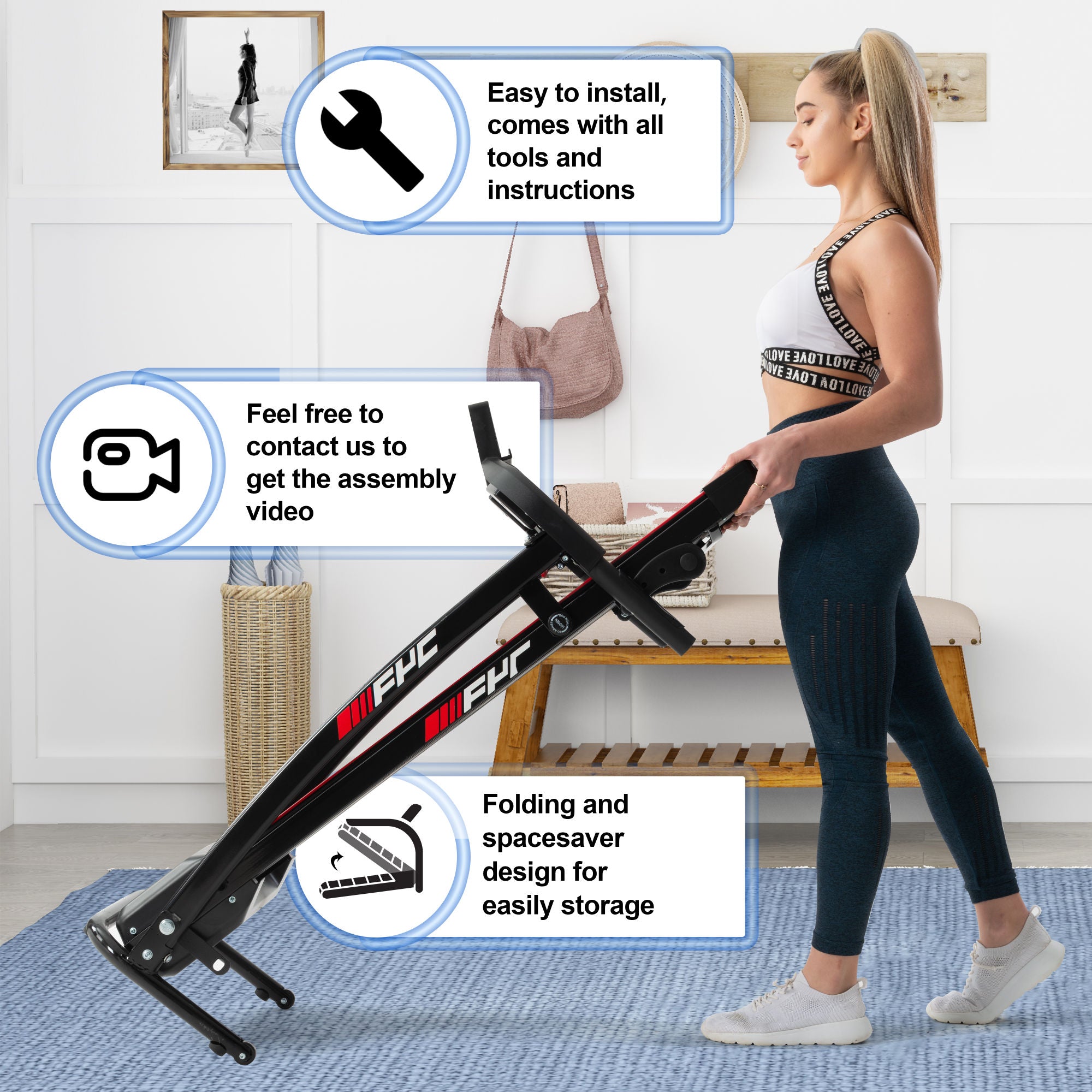 A woman standing next to a Folding Treadmill for Home Portable Electric Motorized Treadmill Running Exercise Machine Compact Treadmill for Home Gym Fitness Workout Jogging Walking.