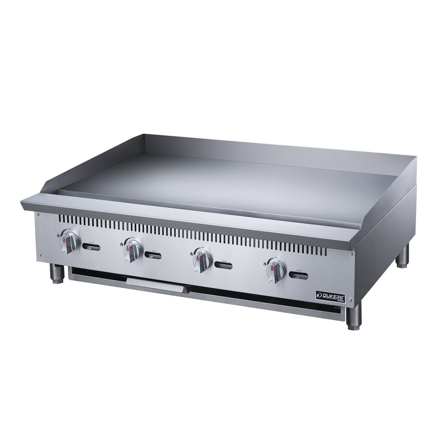 4-Burner Commercial Griddle in Stainless Steel with 4 legs, isolated on a white background.