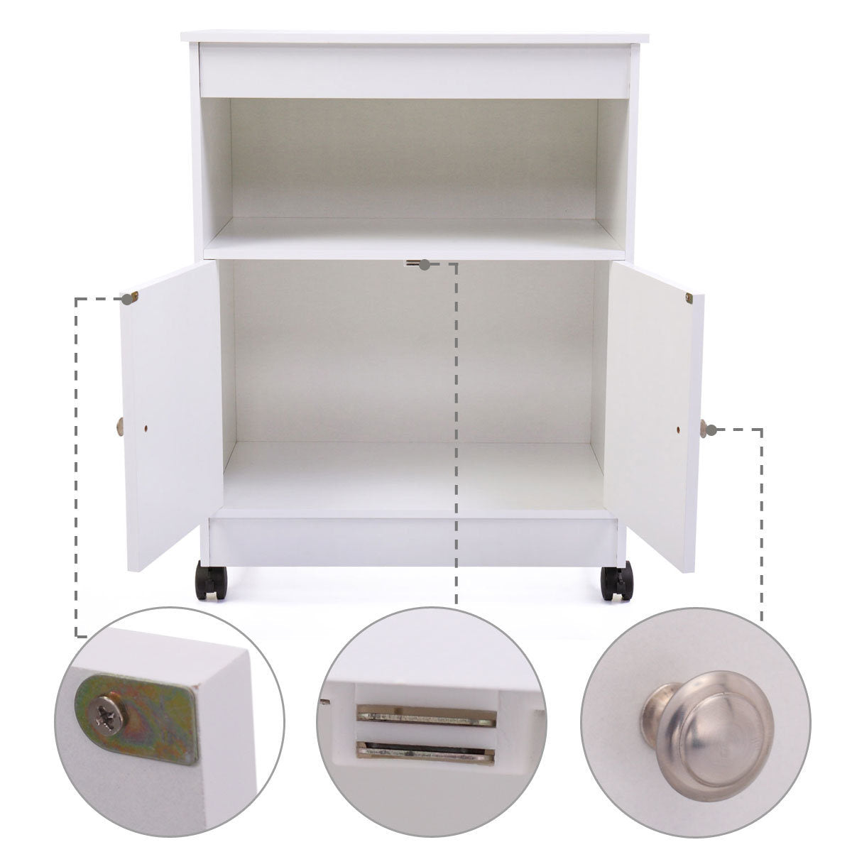 A Wood Kitchen Microwave Cabinet Cart with 4 Universal Wheels and Roomy Inner Space for Home Use, White in a kitchen.