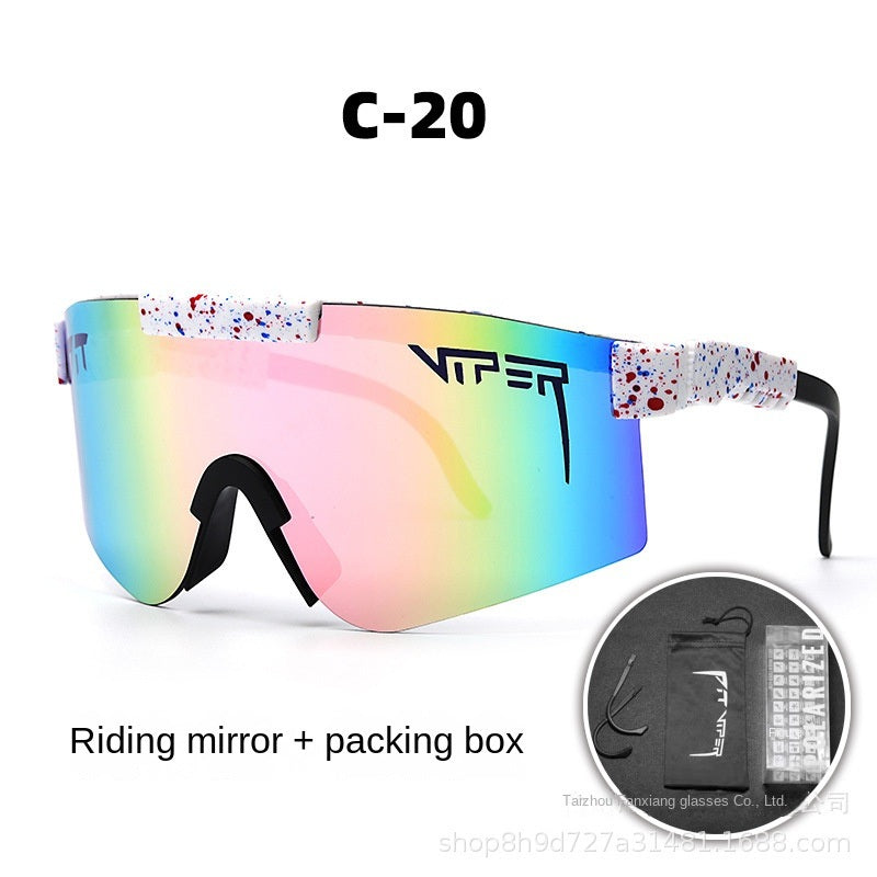 A pair of Pits Viper Riding Glasses Outdoor Sports Sunglasses for men, featuring "VIPER" branding on the lens and frame, with a red and white pattern on the arms. Designed for outdoor sports, they offer UV400 protection and come labeled "C-21," including a riding mirror and packing box.