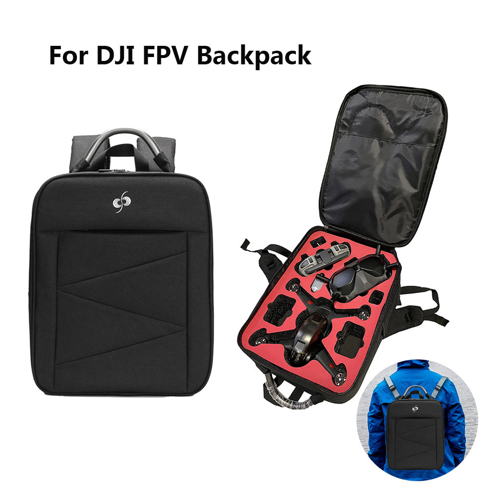 Backpack designed for For FPV Backpack Shoulder Bag Carrying Case Portable Waterproof Case for dji fpv bag drone backpack Combo Drone DJI Goggles Tool with compartments, shown closed, open with drone and goggles inside, and on a person's back.