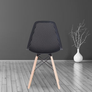 The Set of 4 Modern Style Dining Chairs are mid-century modern side chairs with a black plastic shell lounge design, wooden walnut legs, and metal supports, perfect for your kitchen, dining room, bedroom, or living room.