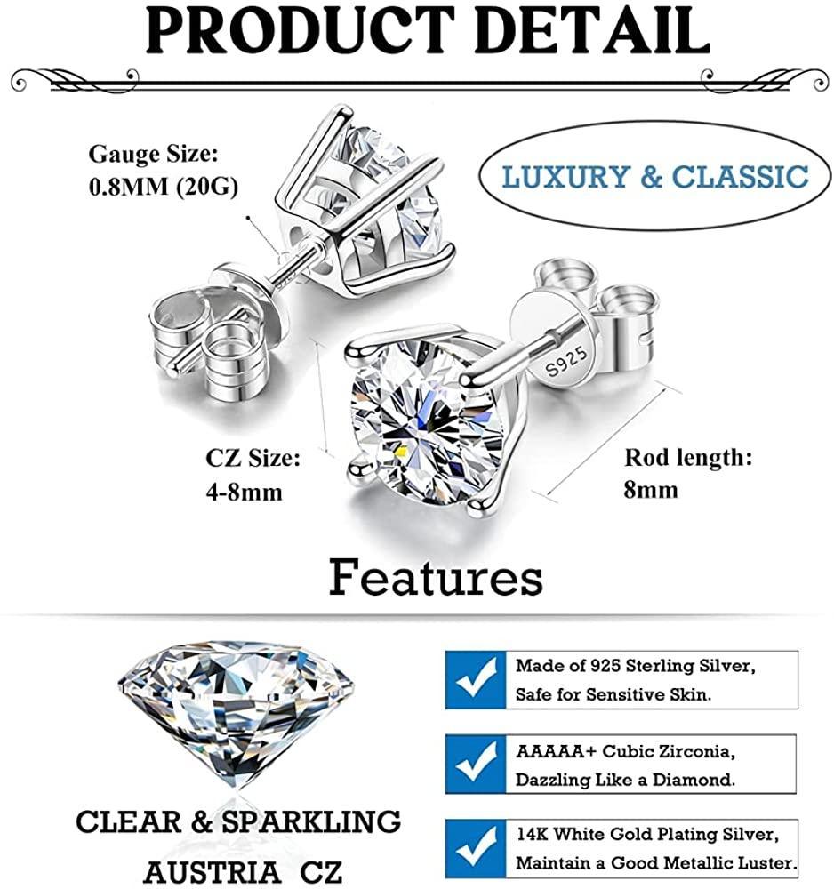 Close-up image of the Sterling Silver Cubic Zirconia Stud Earrings for Women Men, which feature round-cut, sparkling cubic zirconia gemstones set in 14k white gold plated metal with S925 engraved on the post, indicating hypoallergenic sterling silver.