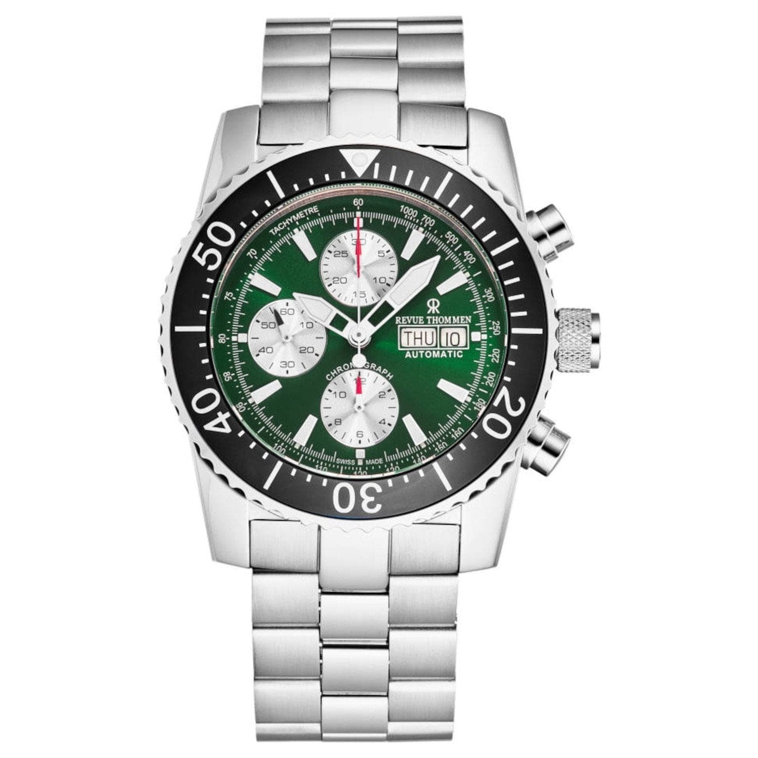 A Revue Thommen 17030.6121 Men's 'Divers' Green Dial Day-Date Chronograph Automatic Watch, featuring the keywords "Revue Thommen".