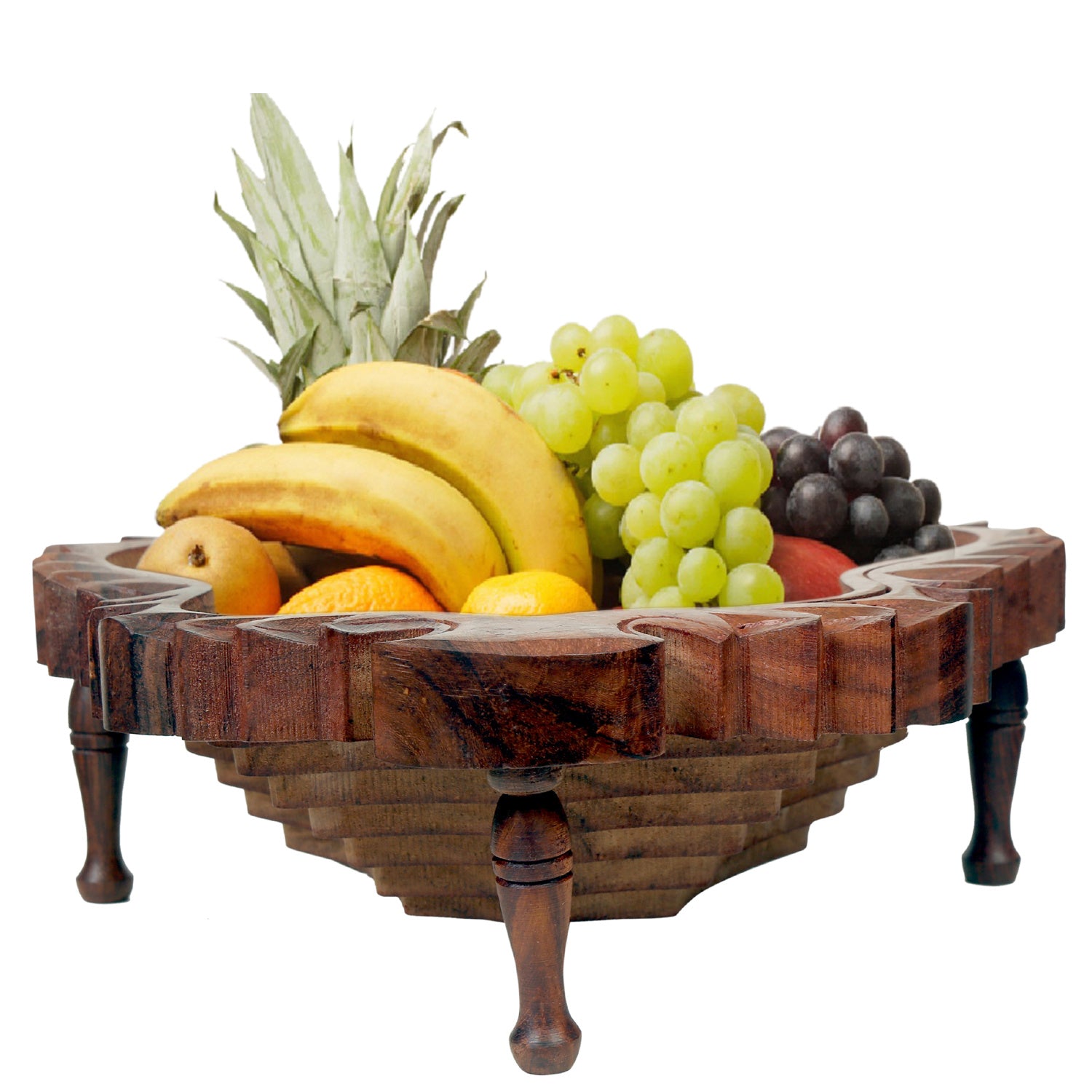 A Wooden Handmade Collapsible Foldable Fruit Basket Serving Bowl with a leaf-shaped design, crafted from Sheesham wood.
