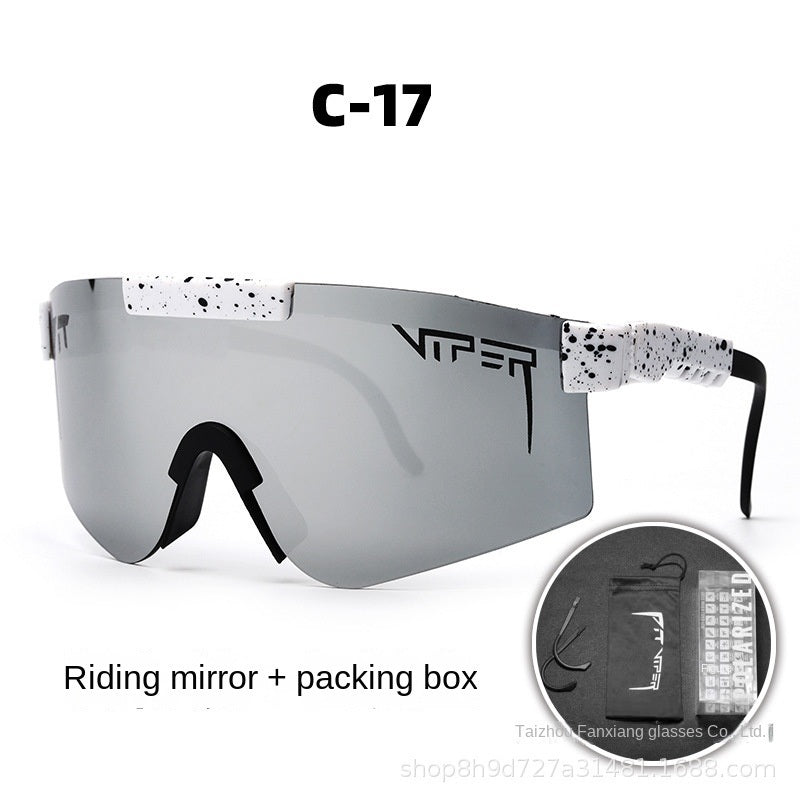 A pair of Pits Viper Riding Glasses Outdoor Sports Sunglasses for men, featuring "VIPER" branding on the lens and frame, with a red and white pattern on the arms. Designed for outdoor sports, they offer UV400 protection and come labeled "C-21," including a riding mirror and packing box.
