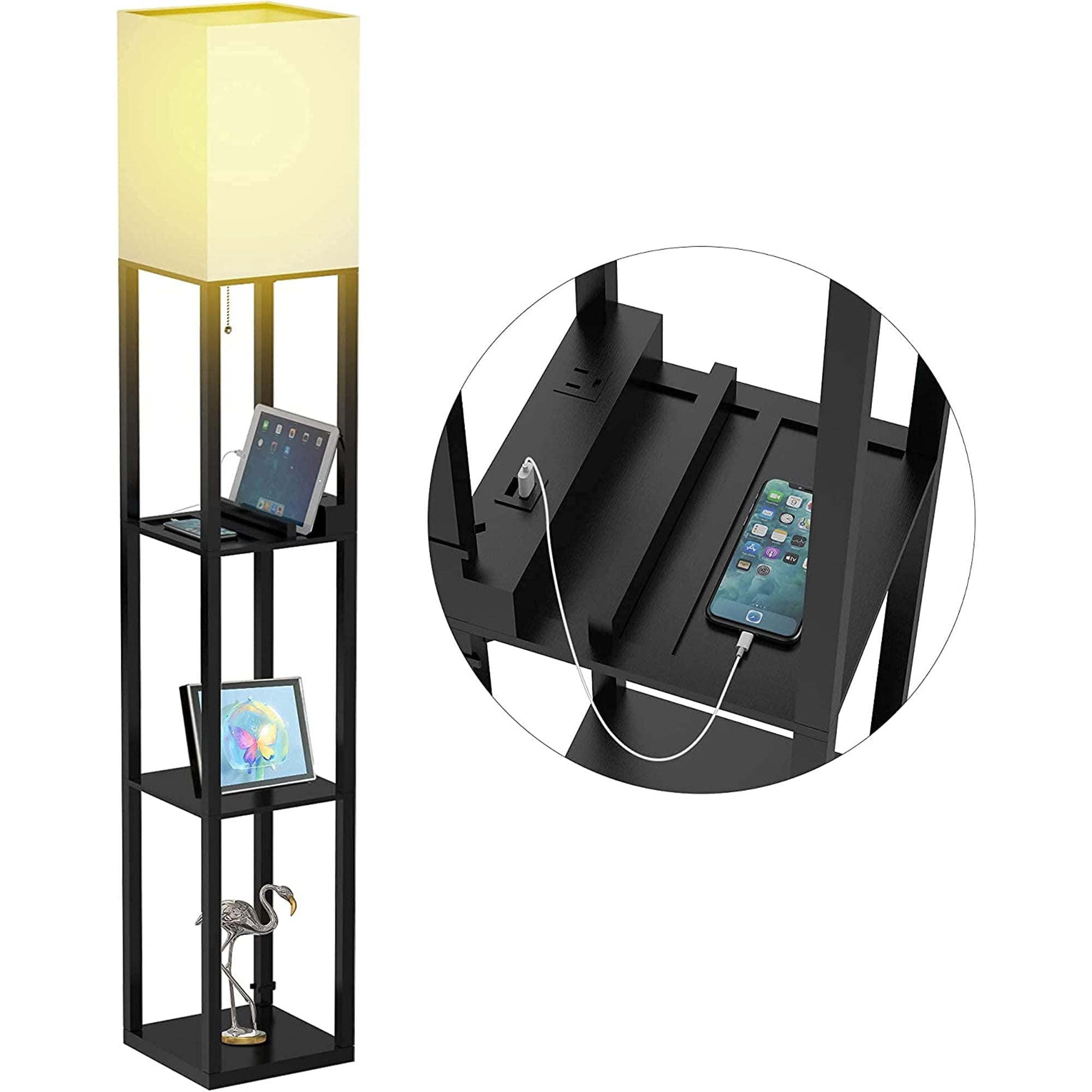 Floor Lamp with Shelf; Solid Wood Shelf Floor Lamp with 2 Charging Ports and 1 Power Outlet; Bedroom Floor Lamp; Living Room Lamp; Matte Black floor lamp with built-in shelves and USB charging ports, shown charging multiple devices, with an inset close-up on the charging slot.