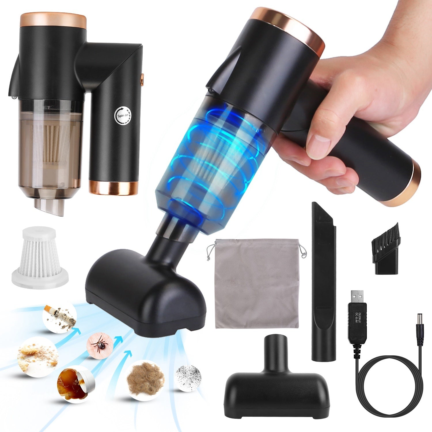 A 3 In 1 Cordless Handheld Vacuum Cleaner with Searchlight 120W 9000PA Portable Foldable Rechargeable Vacuum Car Home Duster with Brush Nozzle Long Nozzle Wide Mouth Nozzle Carry Bag, offering powerful suction and showcasing a sleek black and gold design.