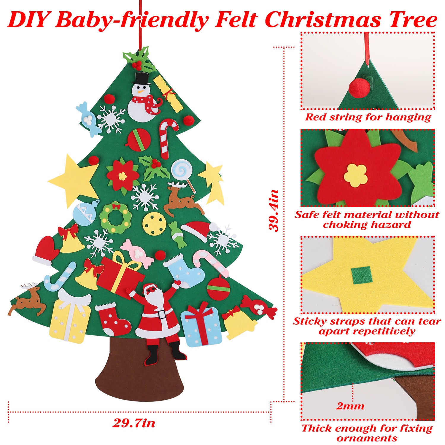 A set of visually appealing DIY Felt Christmas Trees 41Pcs Detachable Ornaments for Kids Toddler Wall Hanging Christmas Decorations Xmas Gift that feature Santa, reindeer, and Santa Claus.