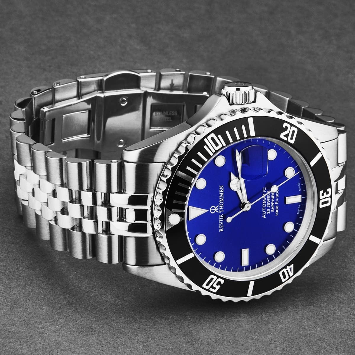 A Revue Thommen Men's 'Diver' Blue Dial Stainless Steel Bracelet Automatic Watch 17571.2223 with blue dial.