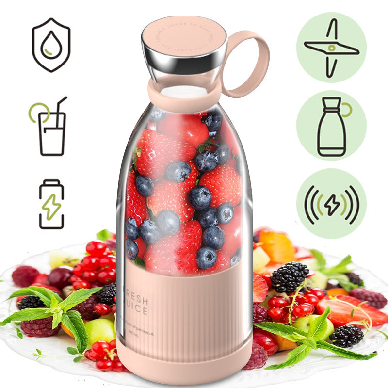 Handheld Portable Juicer Wireless Charging Electric Blender Fruit Mixers Juicer Food Milkshake Multifunction Juice Maker Machine with dimensions labeled, featuring a built-in blade and a white base, accompanied by a power cord.