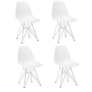 The Set of 4 Modern Style Dining Chairs are mid-century modern side chairs with a black plastic shell lounge design, wooden walnut legs, and metal supports, perfect for your kitchen, dining room, bedroom, or living room.