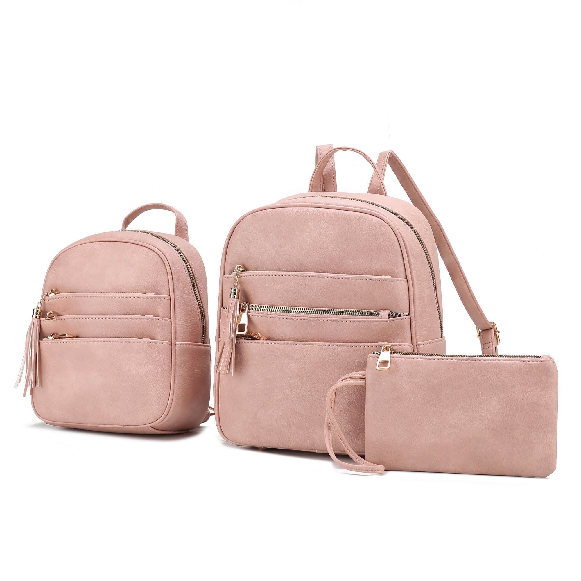 Two MKF Collection Roxane Vegan Leather Women's Backpacks with Mini Backpack and Wristlet Pouch- 3 pieces by Mia k, and a wallet.