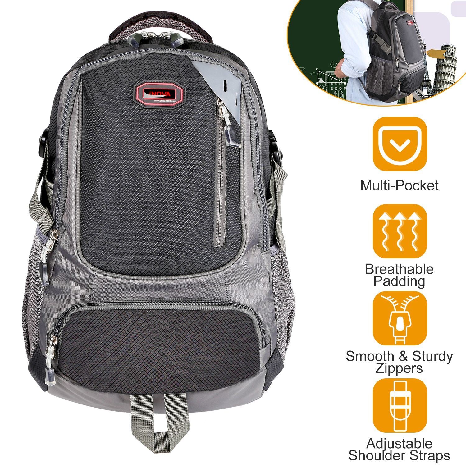 An image of the Unisex School Backpack Casual Travel Shoulder Bag W/ Adjustable Straps Dual-Water Bottle Pouch with adjustable shoulder straps and a portable handle design.