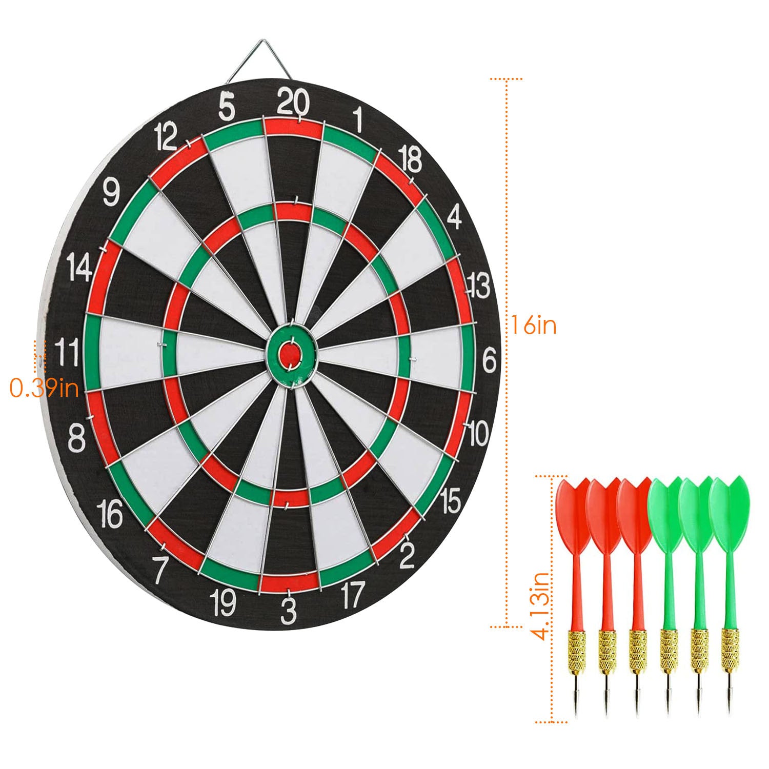 16in Dart Board Game Set 6 Steel Tip Darts Double-sided Dartboard Outdoor Indoor Party Game Set with six darts (three red, three green) embedded in various scoring areas, isolated on a white background.