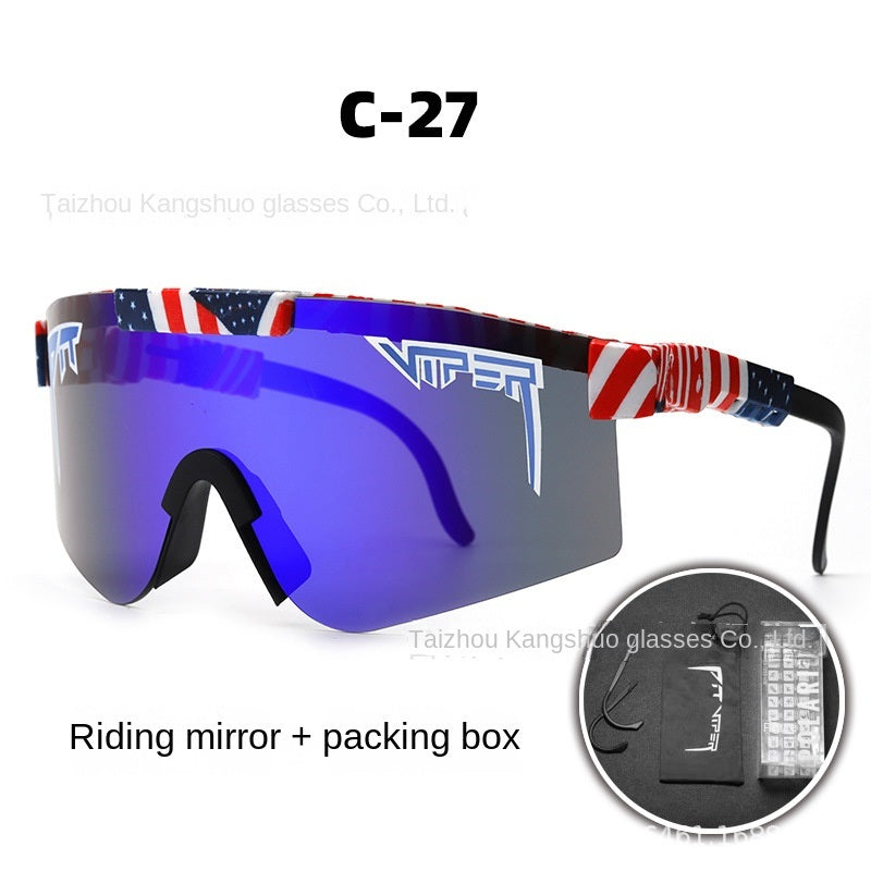 A pair of Pits Viper Riding Glasses Outdoor Sports Sunglasses for men, featuring "VIPER" branding on the lens and frame, with a red and white pattern on the arms. Designed for outdoor sports, they offer UV400 protection and come labeled "C-21," including a riding mirror and packing box.