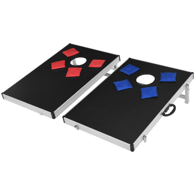 Two black and blue premium construction Cornhole Sets with Foldable Design and Side Handle on a white background.