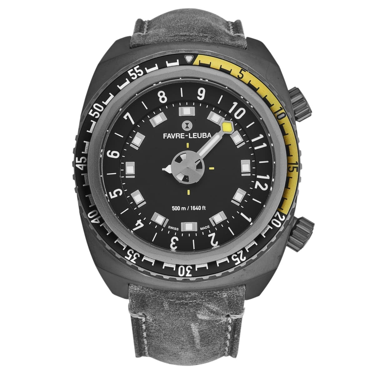A black and yellow FavreLeuba Men's 00.10121.10.14.45 'Raider Harpoon' automatic watch on a white background.