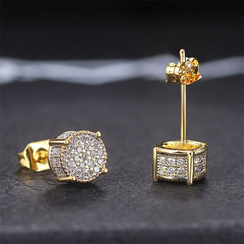 Details: A pair of Fancy Round Shaped Stud Earrings Paved Shiny CZ Stone Silver Color/Golden Everyday Fashion Versatile Ear Jewelry featuring a circular, diamond-encrusted design on a dark background.
