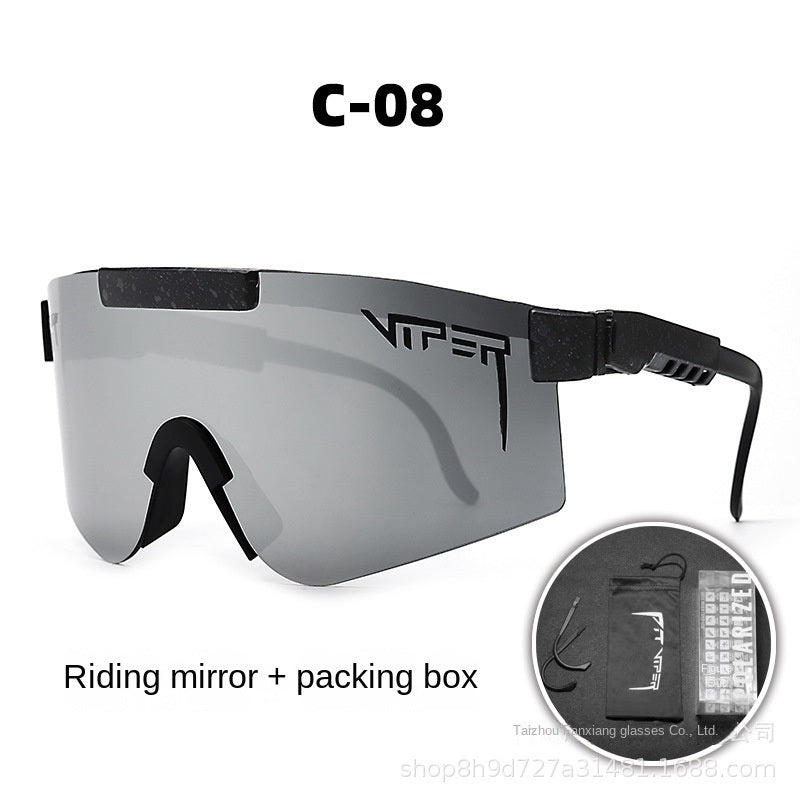 A pair of Pits Viper Riding Glasses Outdoor Sports Sunglasses for men, featuring "VIPER" branding on the lens and frame, with a red and white pattern on the arms. Designed for outdoor sports, they offer UV400 protection and come labeled "C-21," including a riding mirror and packing box.