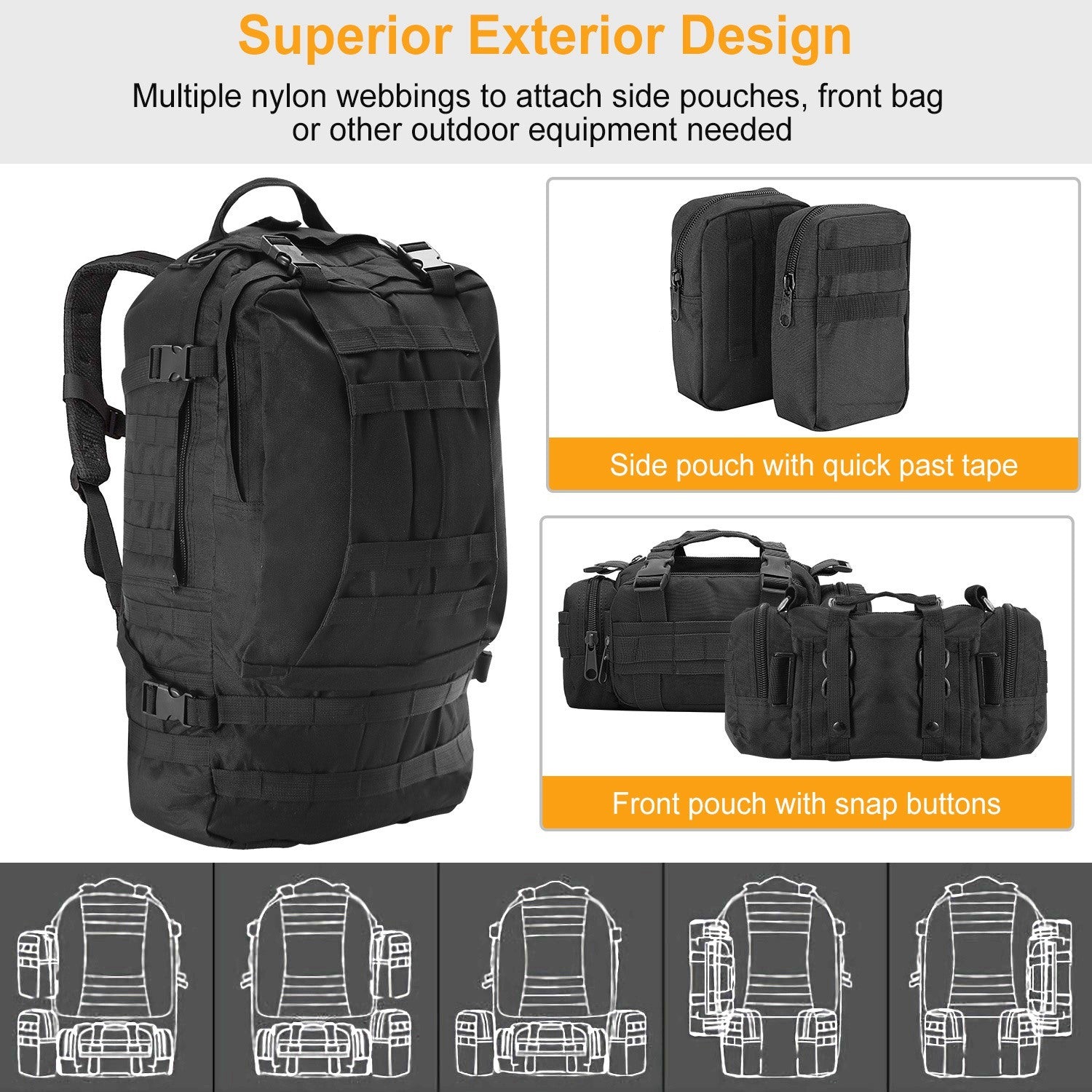 A 56L Military Tactical Backpack Rucksacks Army Assault Pack Combat Backpack Pouch with durable construction on a white background.