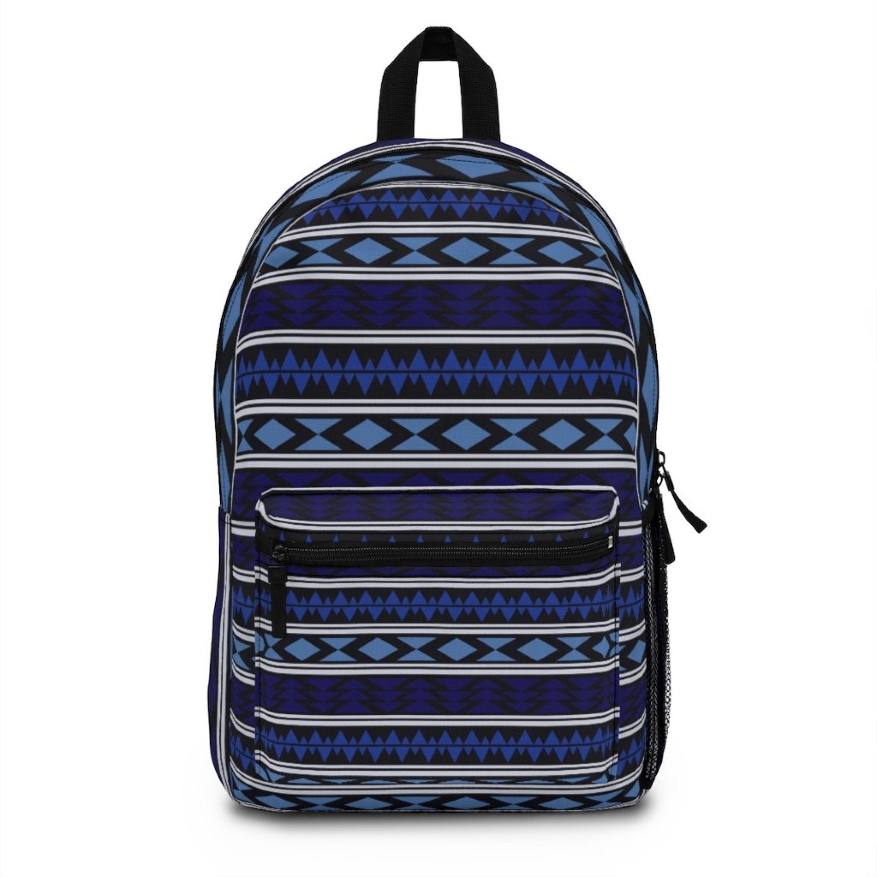 A backpack bag with a blue and black tribal pattern featuring multiple compartments and zippers, displayed against a white background, designed with adjustable shoulder straps.