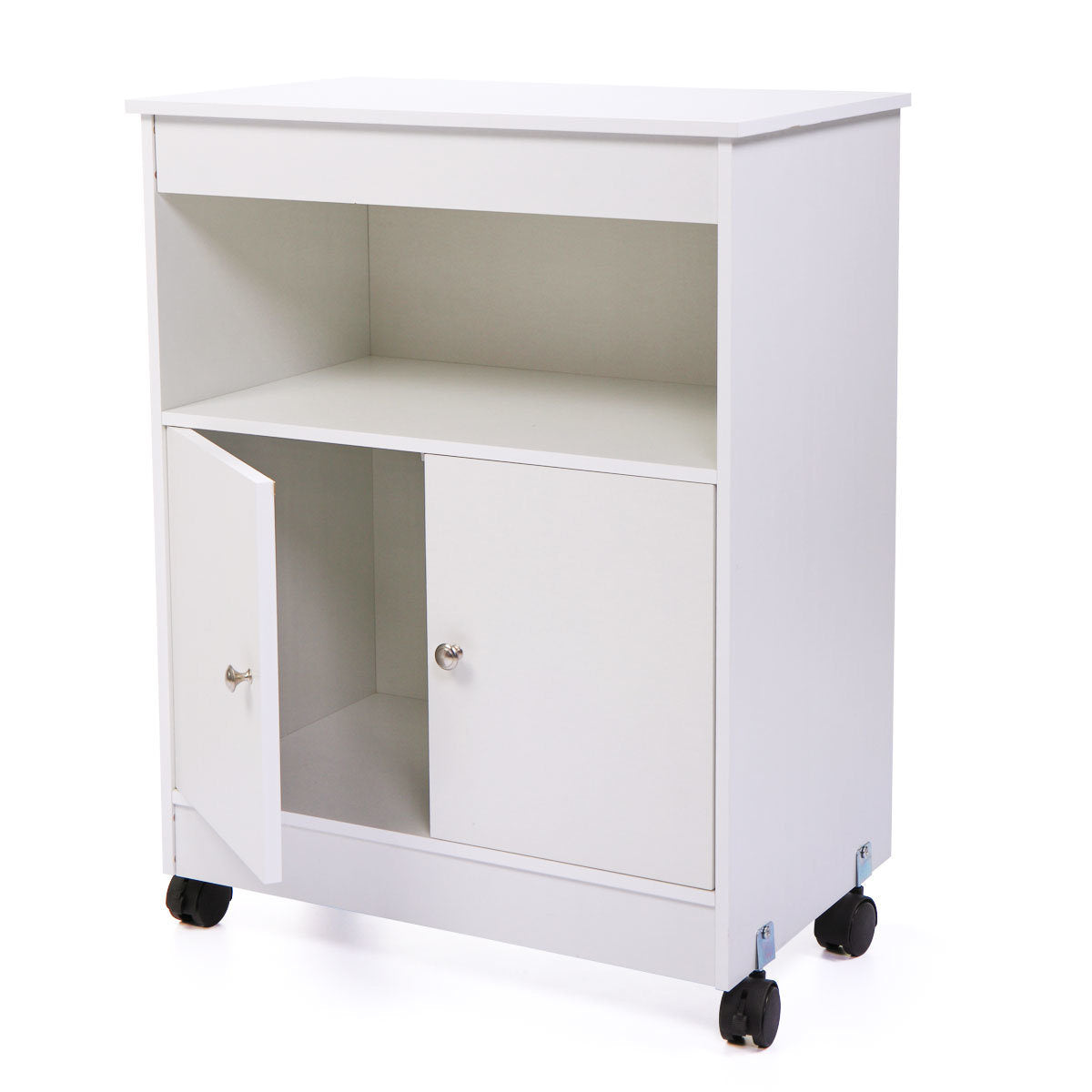 A Wood Kitchen Microwave Cabinet Cart with 4 Universal Wheels and Roomy Inner Space for Home Use, White, compact microwave with storage space, easy to assemble on a cart in a kitchen.