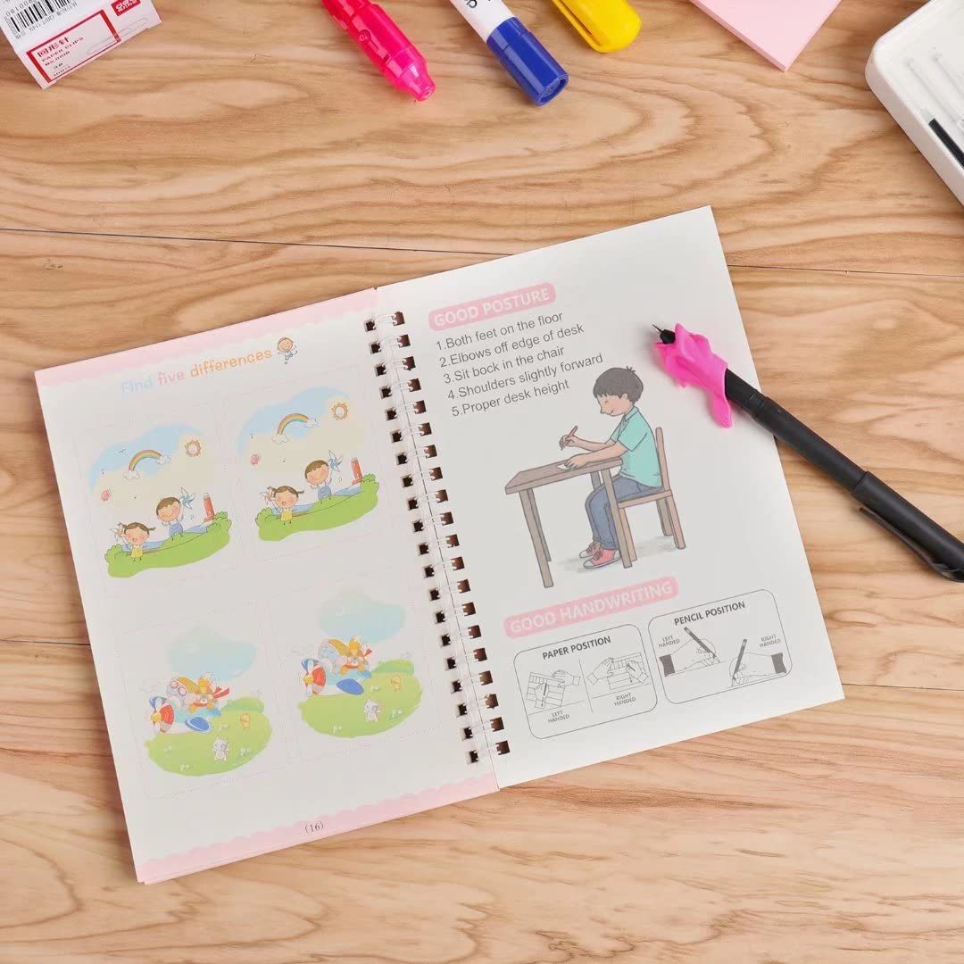 A Reusable Practice Copybook Print Handwiriting Workbook Reusable Writing Practice Book; 4 Books With Pen set for enhancing eye-hand coordination.