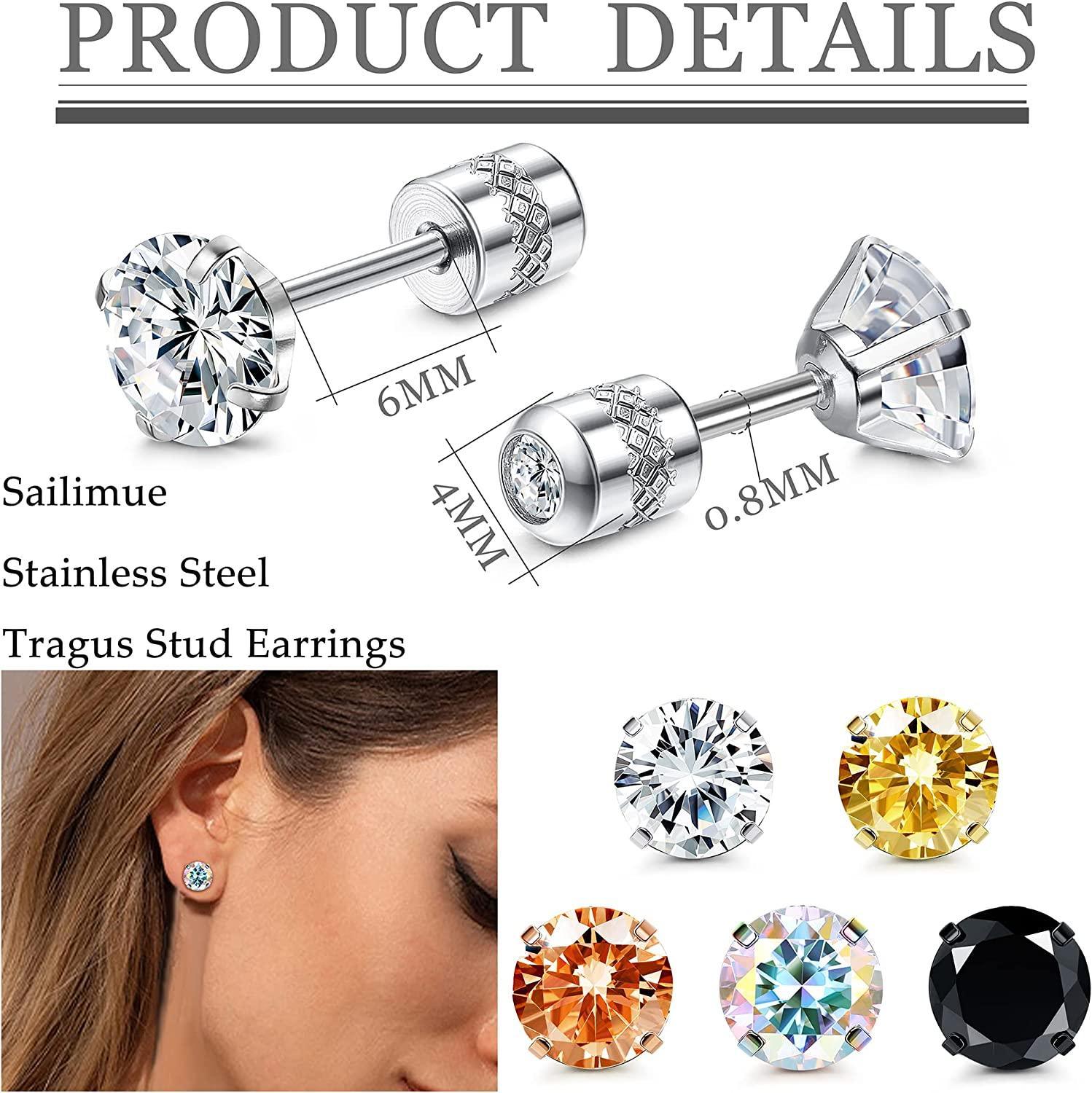 Assorted 5 Pairs Stud Earrings Set For Women Men in various colors and metal finishes, including silver, gold, rose gold, and black, each featuring a single cubic zirconia.