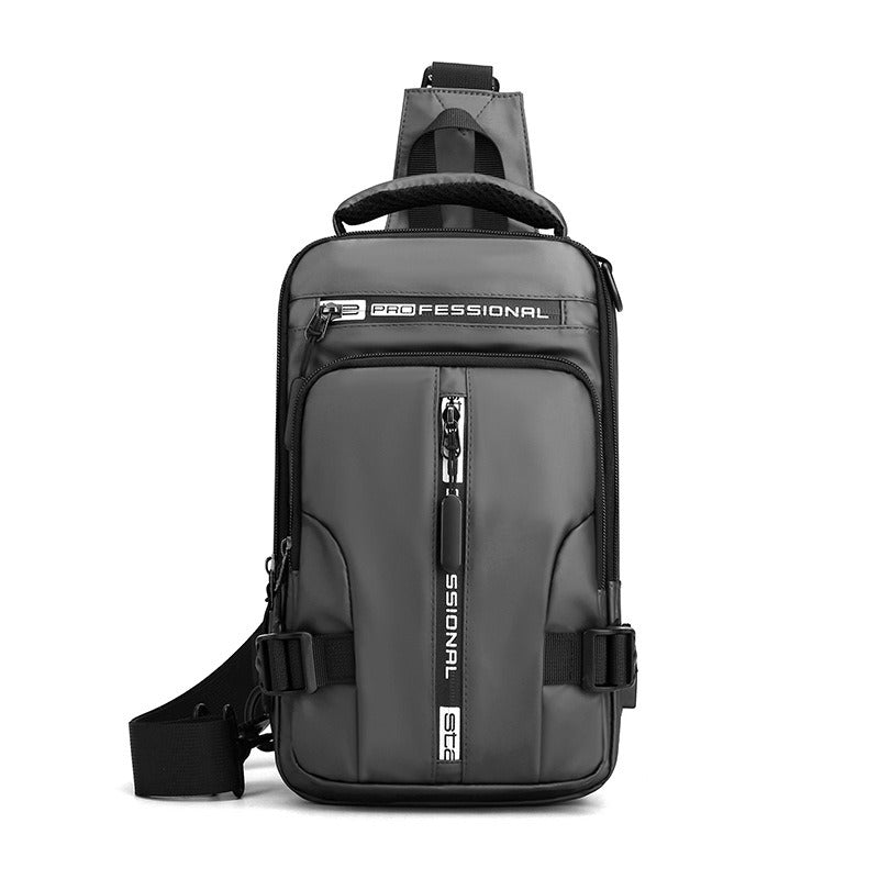 Versatile waterproof Crossbody Bags Men Multifunctional Backpack Shoulder Chest Bags displayed in various wearing styles, with icons indicating crossbody, shoulder, and chest options, alongside a charging phone feature.
