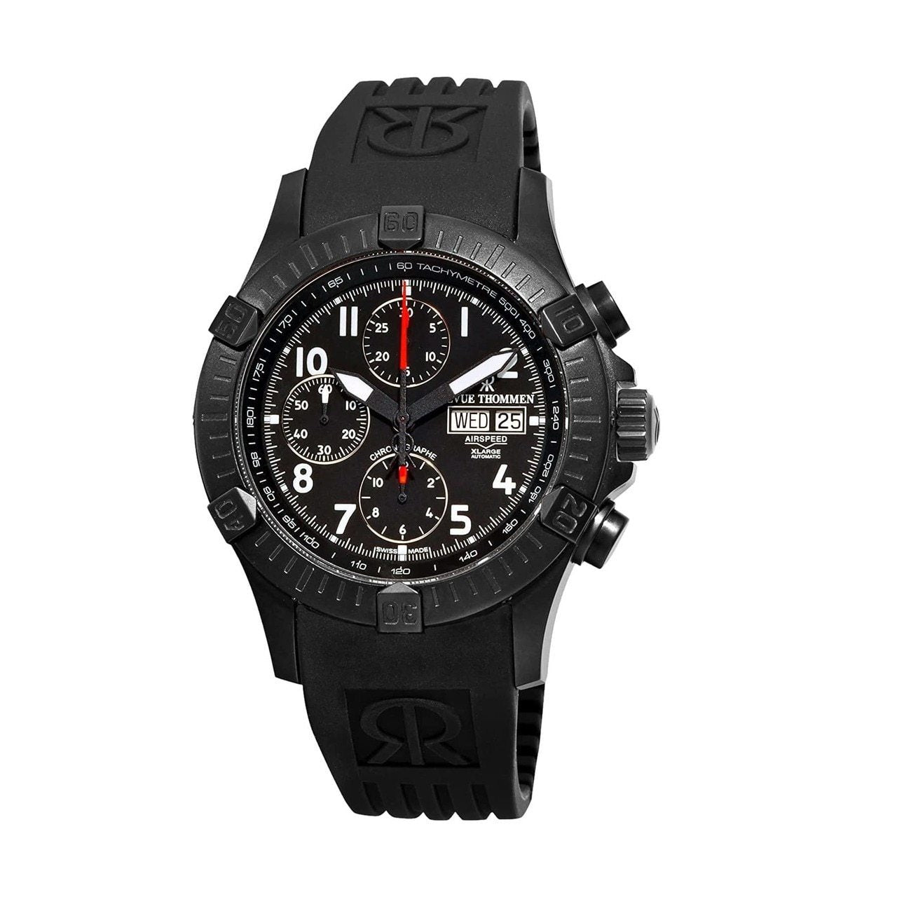 A Revue Thommen 16071.6874 Air Speed XLarge Pioneer Black Rubber Men's Chronograph Automatic Watch on a white background.