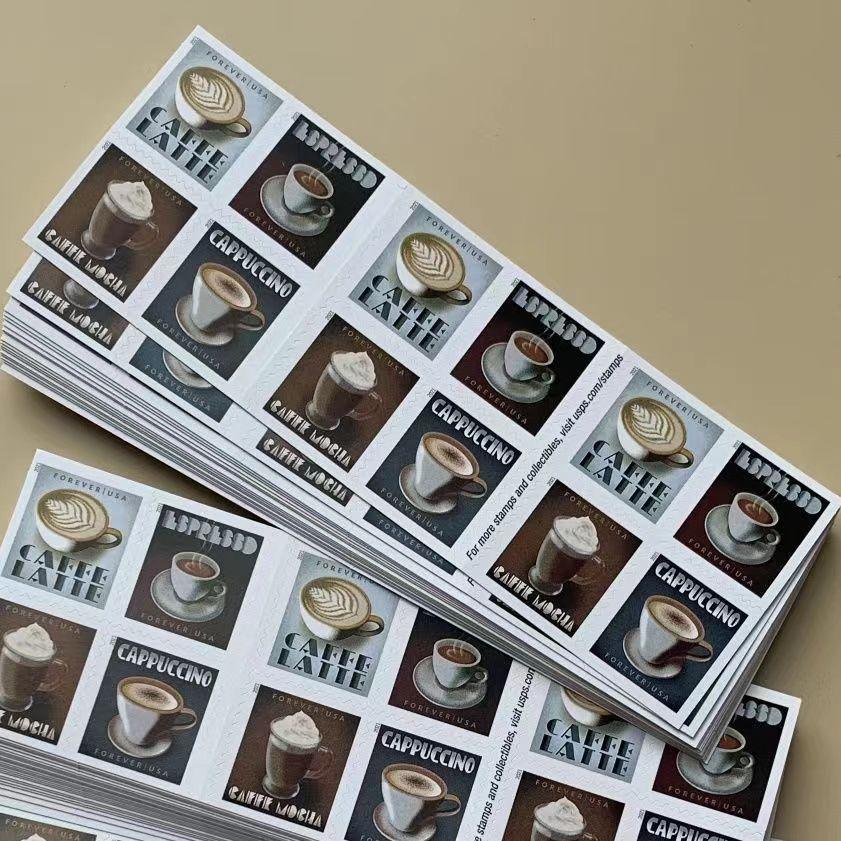 A fan-shaped array of postage stamps featuring various Espresso Drinks 2021 - 5 Booklets / 100 Pcs designs on a white background.