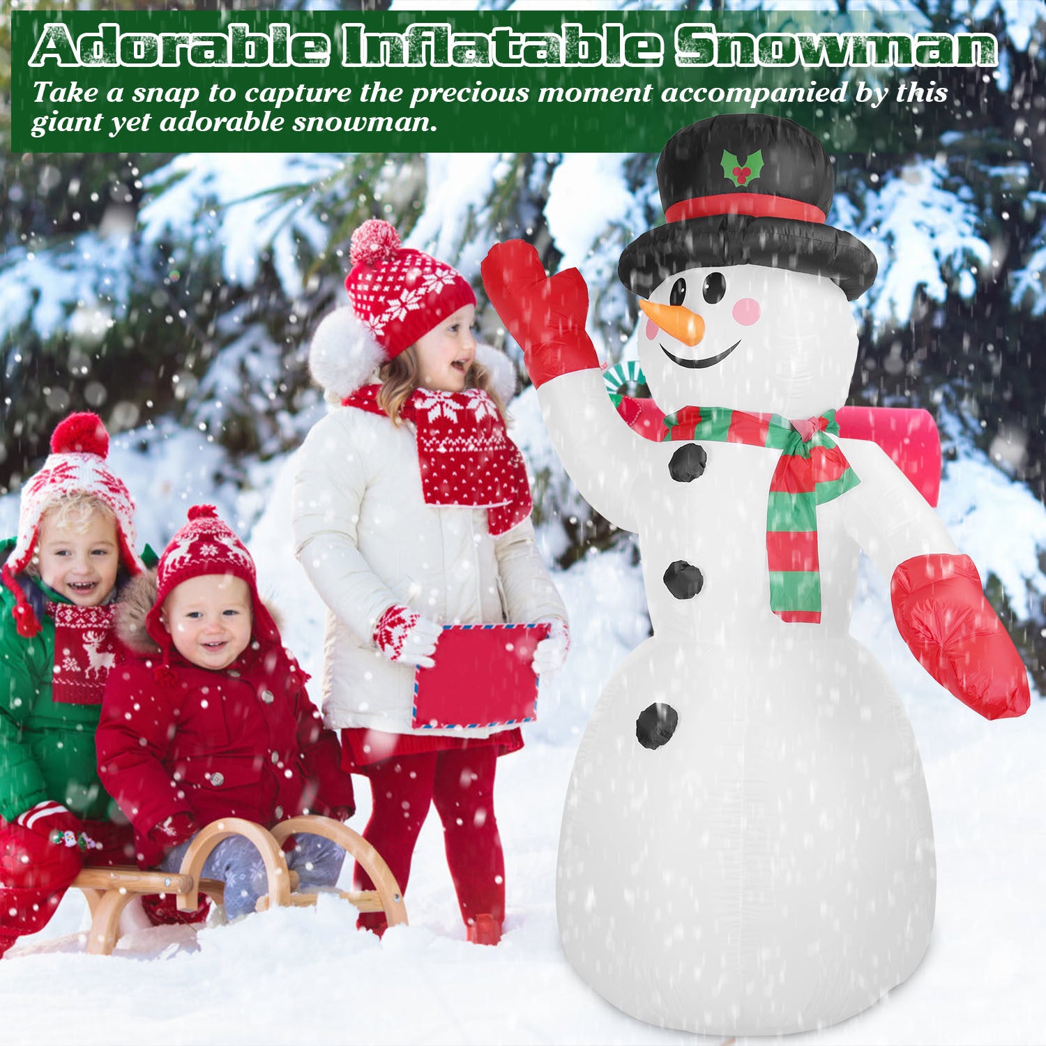 7.9FT Christmas Inflatable Giant Snowman Blow up Light up Snowman adorned with LED lights.