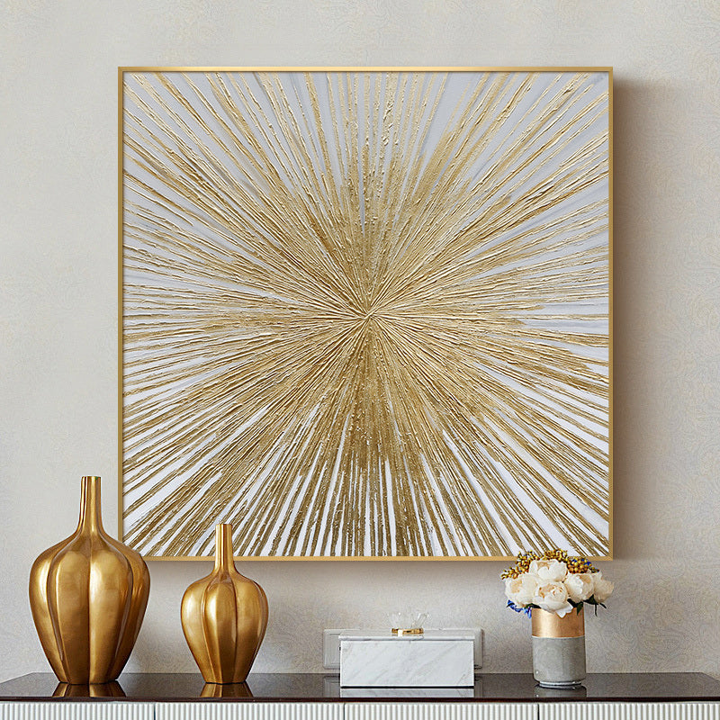 Large Original Hand Painted Abstract Modern Golden Oil Painting On Canvas Wall Art hung on a gray wall in a modern home interior with visible kitchen in the background.