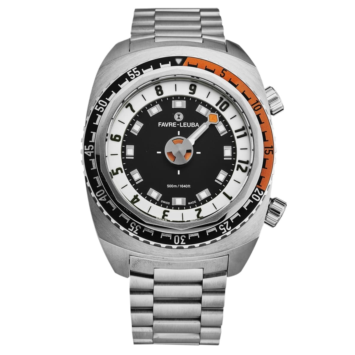 A Favre-Leuba Men's 00.10101.08.13.20 'Raider Harpoon' Black White Dial Stainless Steel Bracelet Automatic Watch with a black and orange design, showcased on a white background.