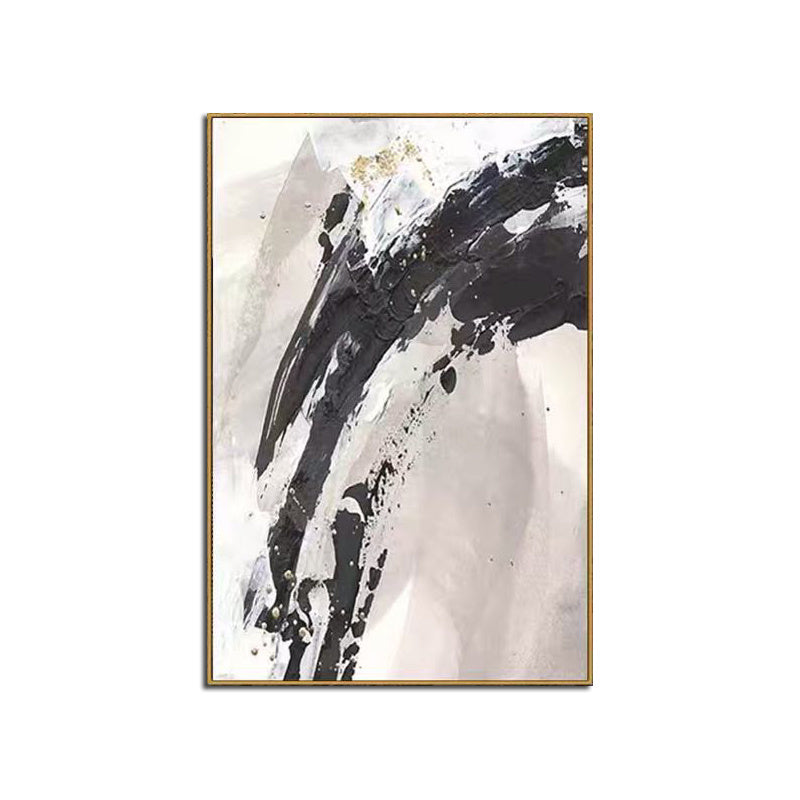 Abstract oil painting framed in gold, featuring bold black and grey brush strokes with gold leaf accents on a white background. - 100% Hand Painted Abstract Oil Painting Wall Art Modern Black and White Style On Canvas Home Decoration For Living Room No Frame