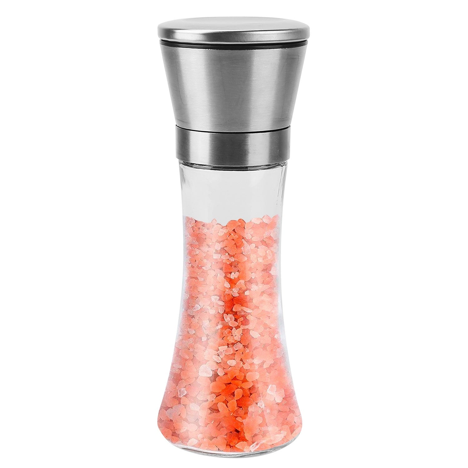 A picture of a Stainless Steel Salt Pepper Grinder Tall Glass Sea Salt & Pepper Mill Shaker with Adjustable Coarseness for spices.