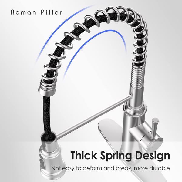 A Kitchen Faucet - Spring Kitchen Sink Faucet with 3 Modes Pull Down Sprayer; Single Handle&Deck Plate for 1or3 Holes; 360° Rotation; Spot Resist Stainless Steel No Lead for RV Bar Home with a sprayer and deck mount feature.