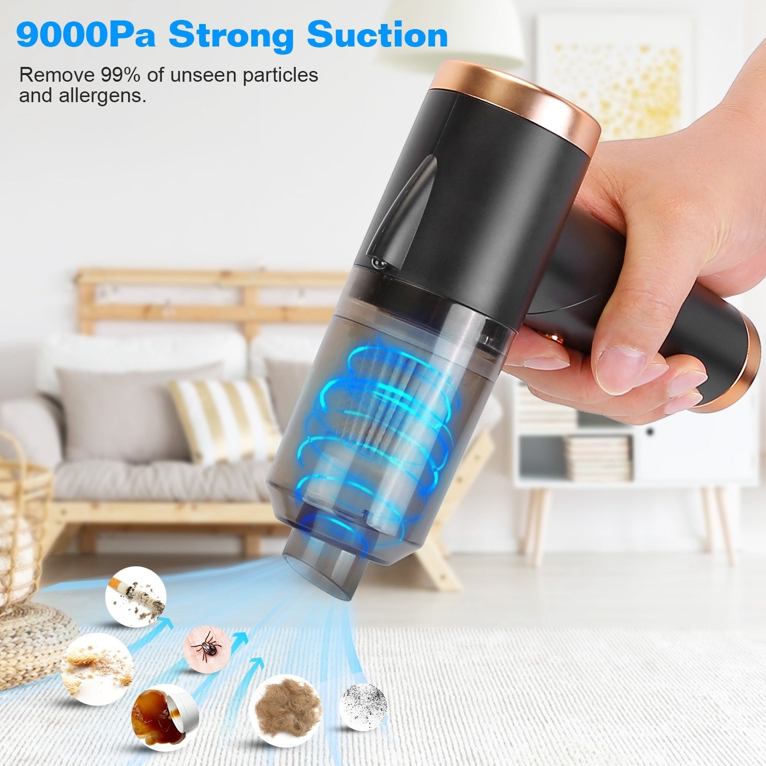 A 120W 9000PA Cordless Handheld Vacuum Cleaner w/ Searchlight with powerful suction, held in hand and attached to a hose.